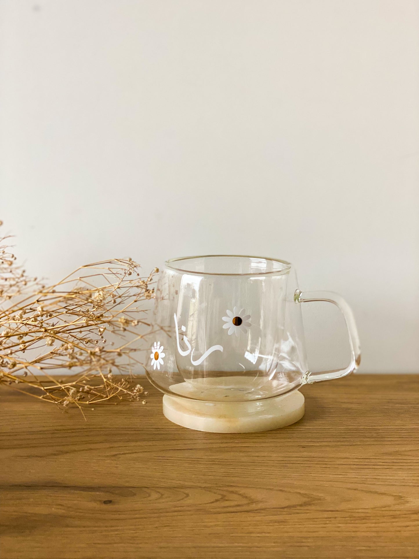 Custom Arabic Name & Daisy Double Glass Cup