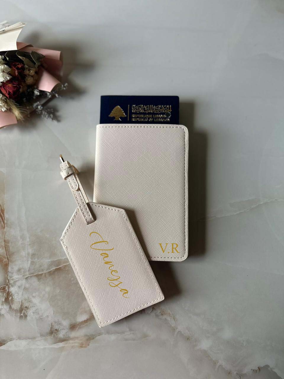 Personalized Beige Leather Passport Holder Luggage Tag