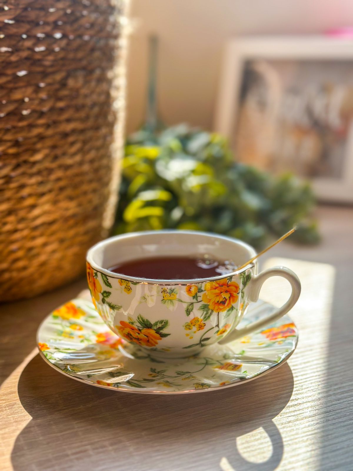 Yellow Vintage Floral Ceramic Tea Cup
