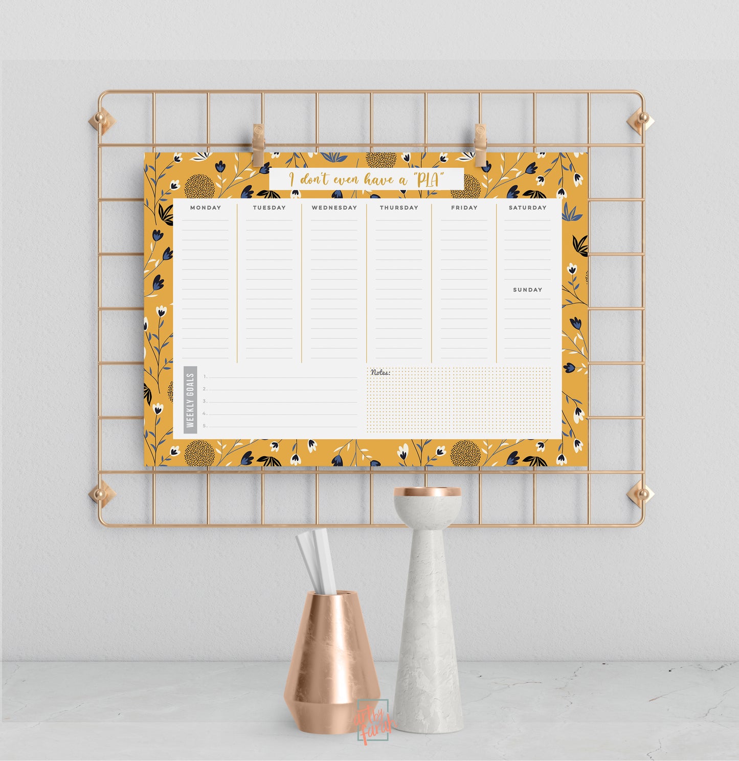Custom Name Yellow Floral Weekly Desk Planner