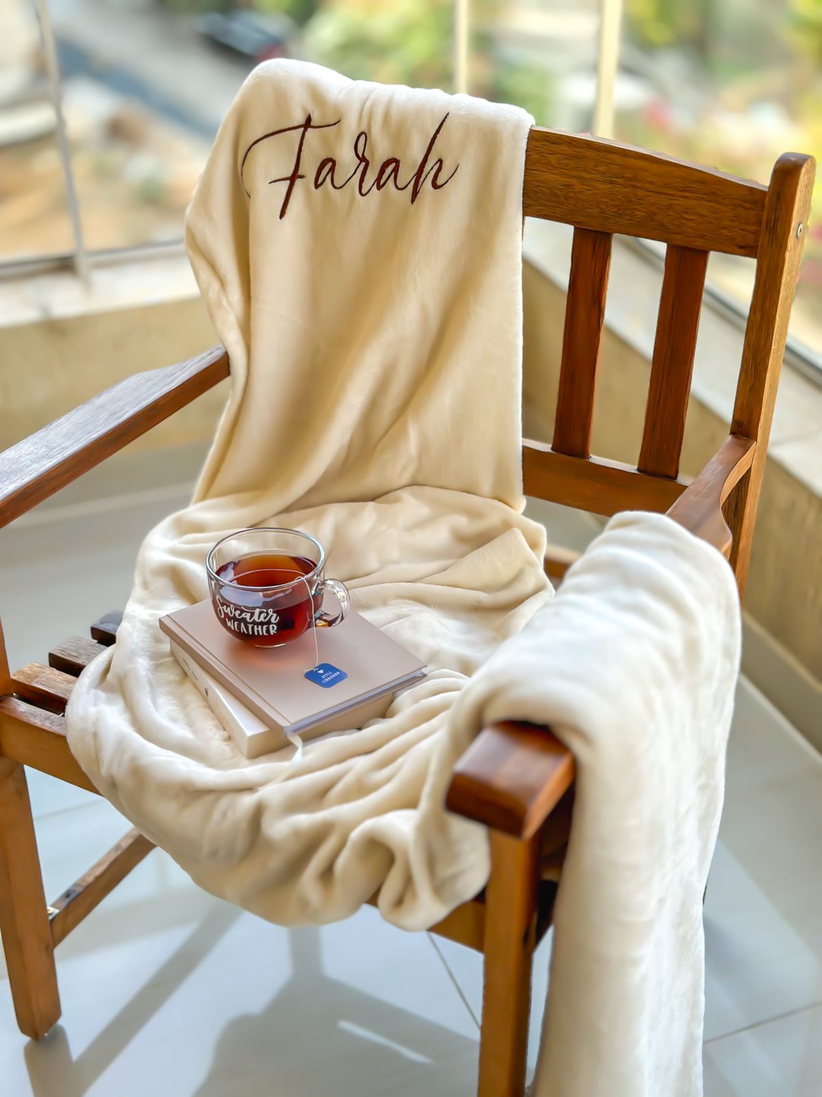 Custom Name Embroidered Beige Blanket