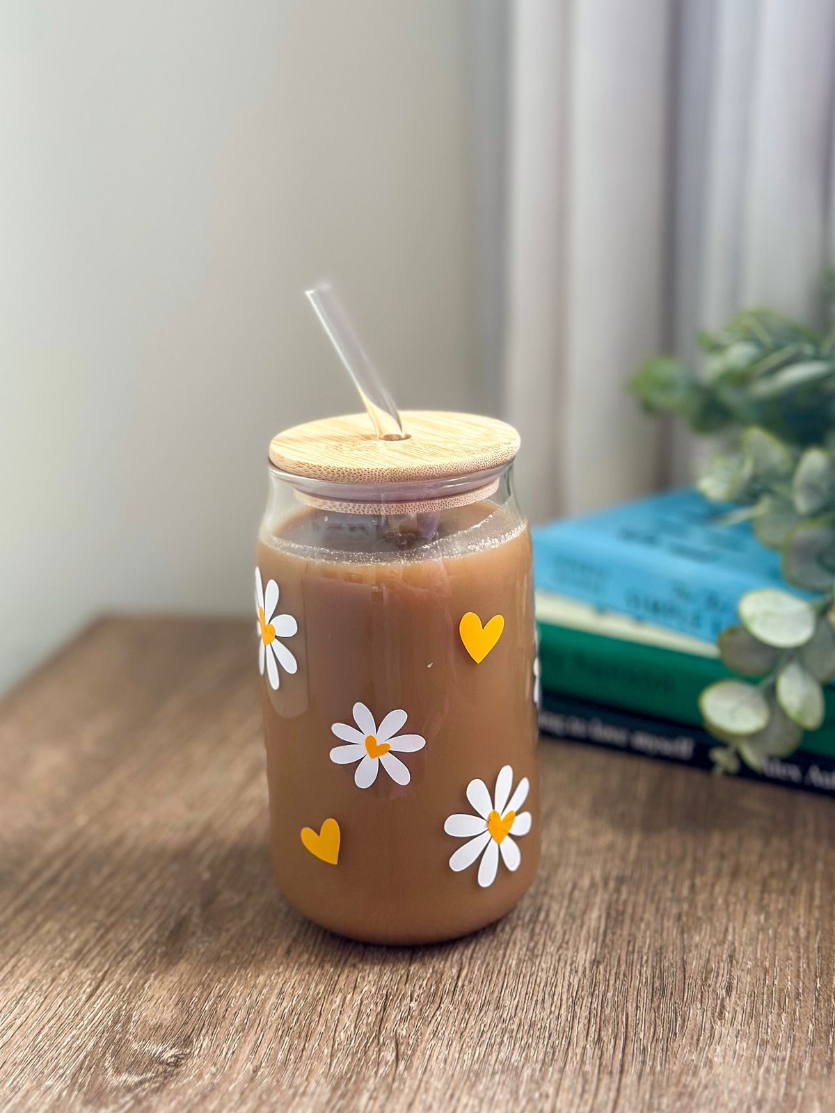 Yellow Floral Glass Cup With Straw