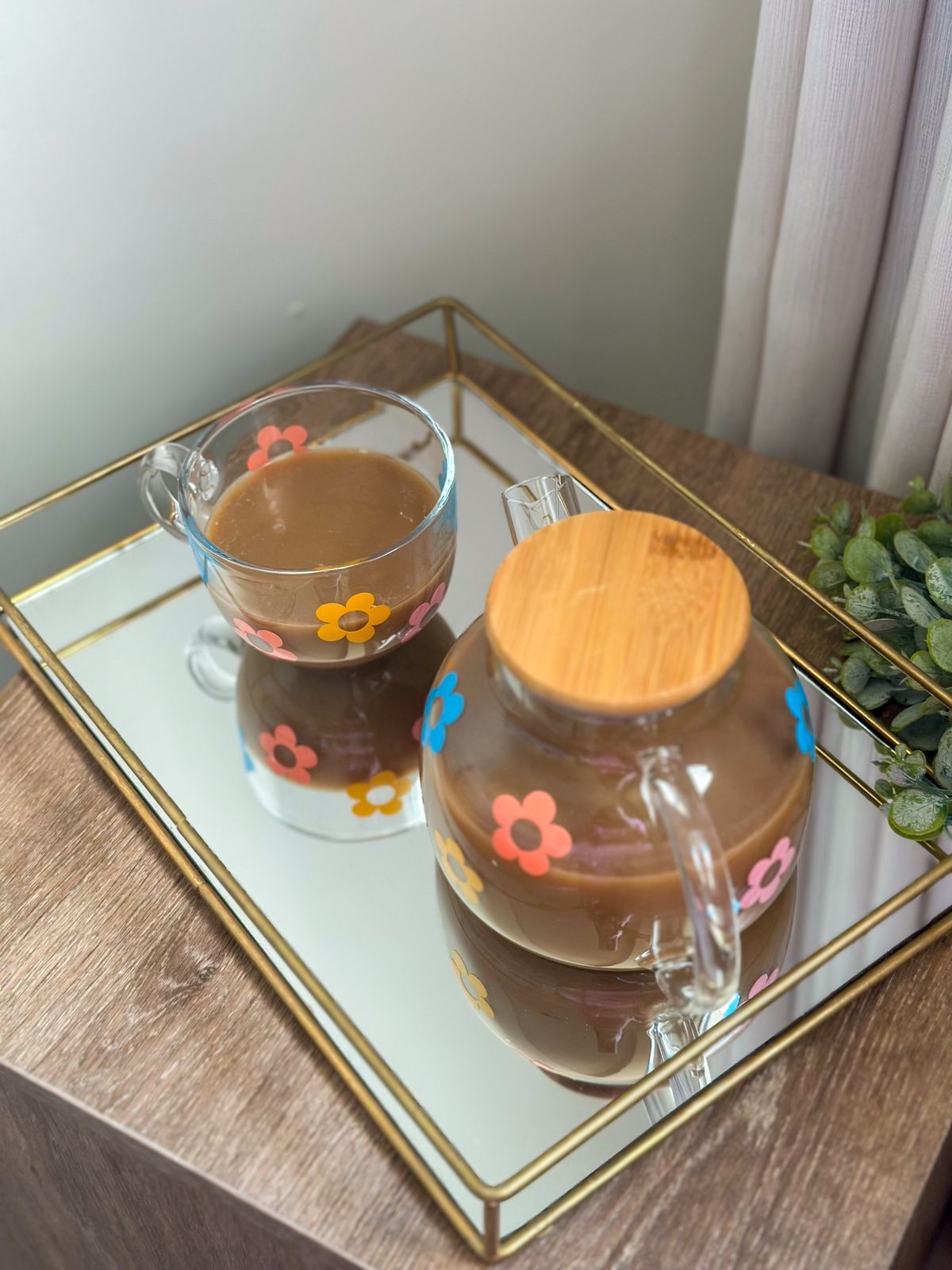"Colorful Flowers" Premium Glass Tea Pot & Glass Cup Set