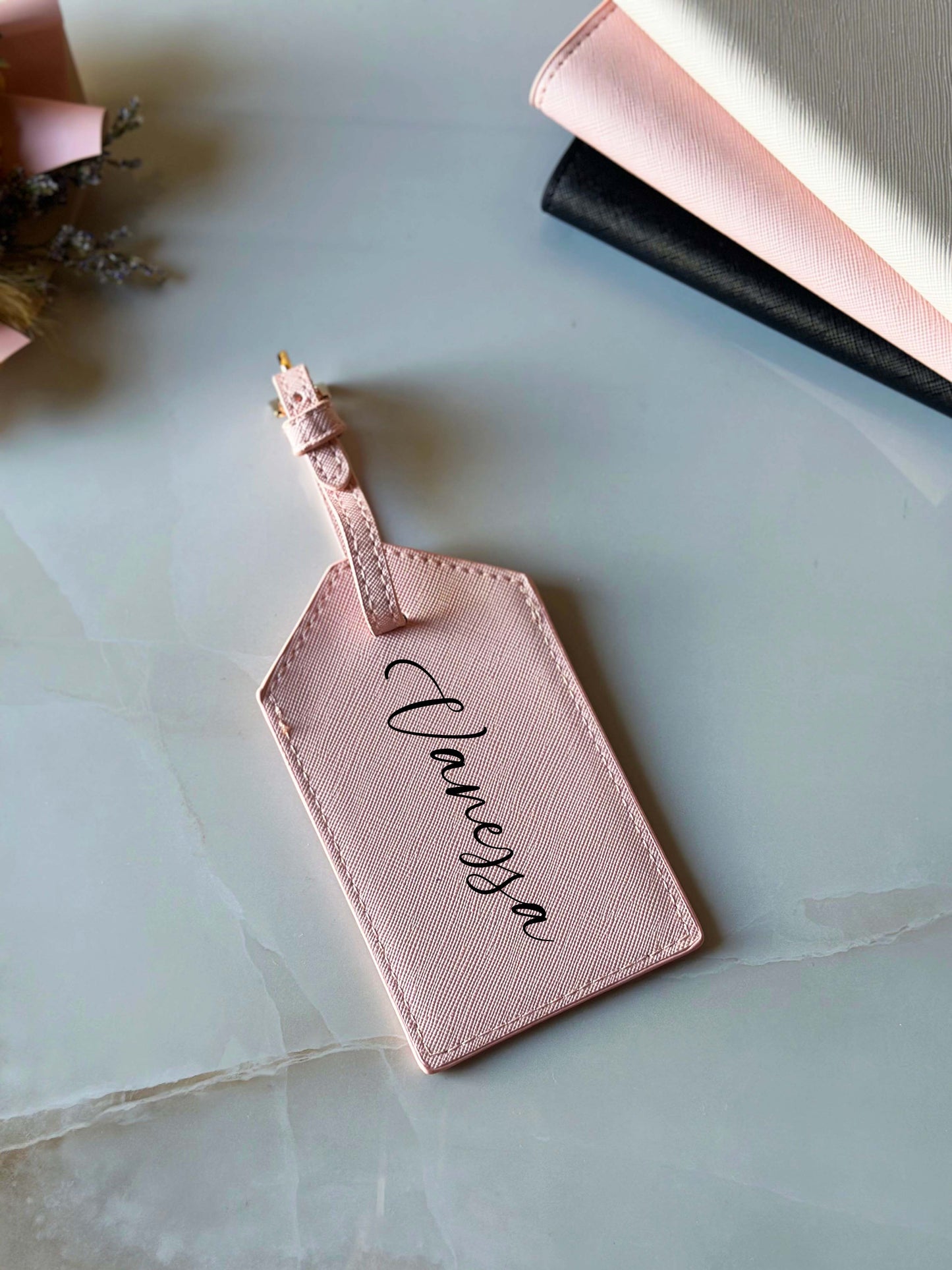 Custom Name Pink Leather Luggage Tag