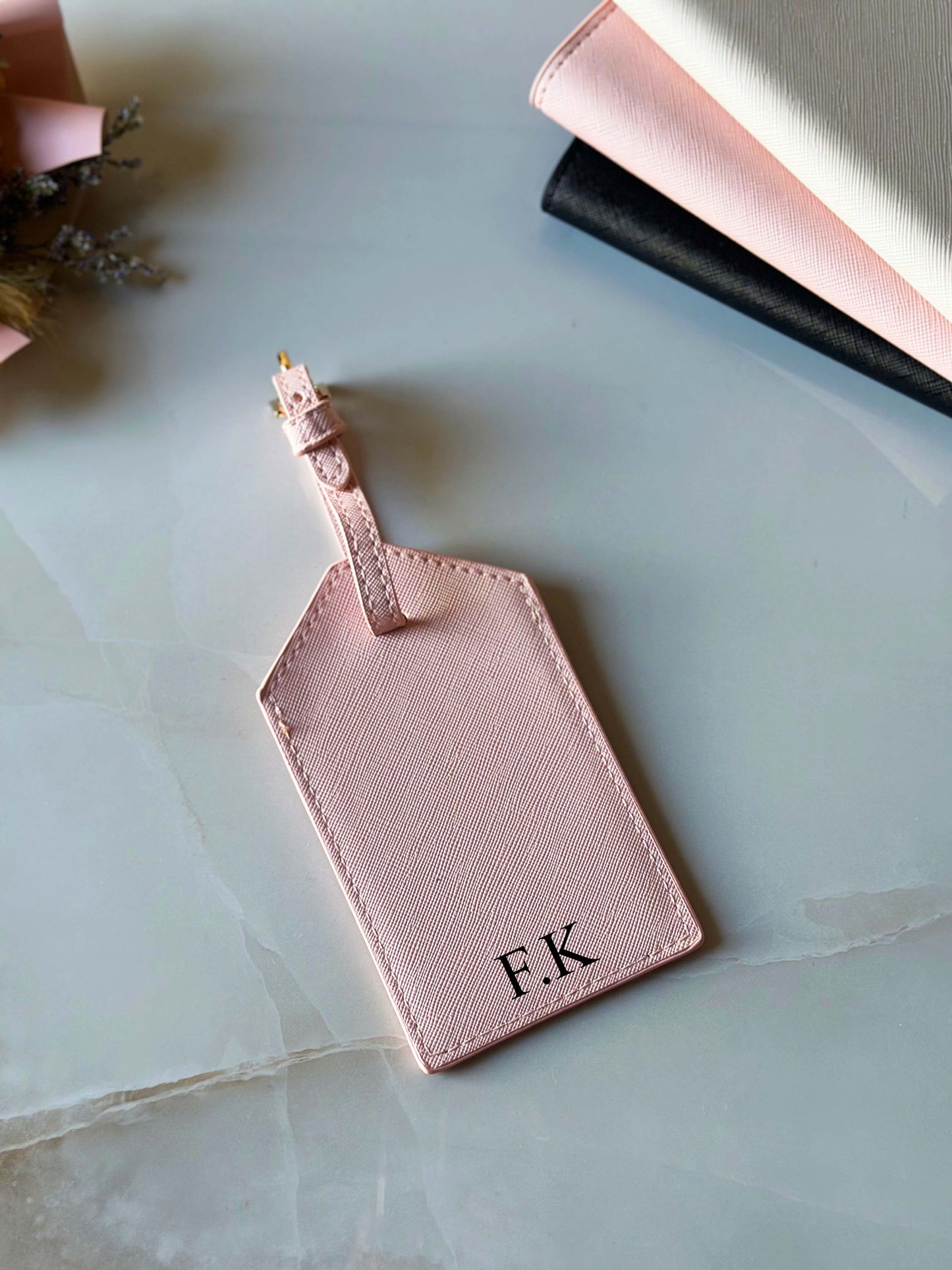 Custom Initials Pink Leather Luggage Tag