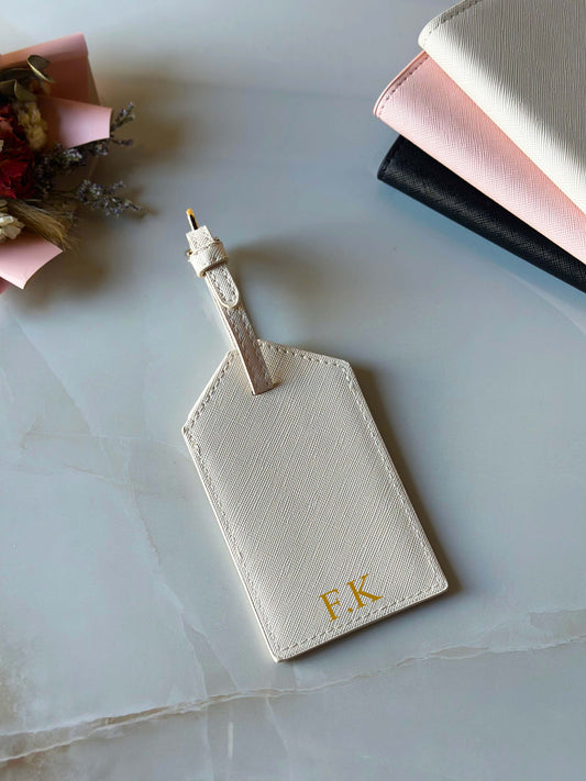 Custom Initials Beige Leather Luggage Tag