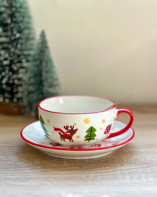Christmas Cup With Saucer & Gold Spoon