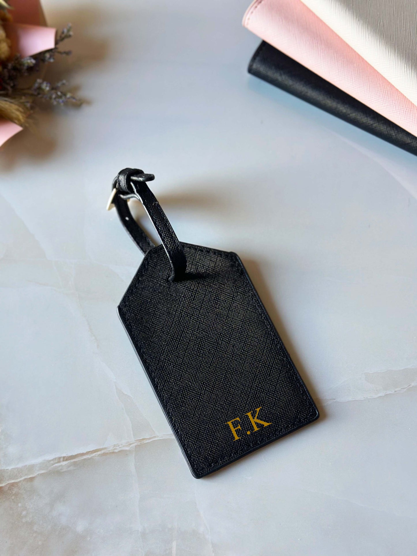 Custom Initials Black Leather Luggage Tag