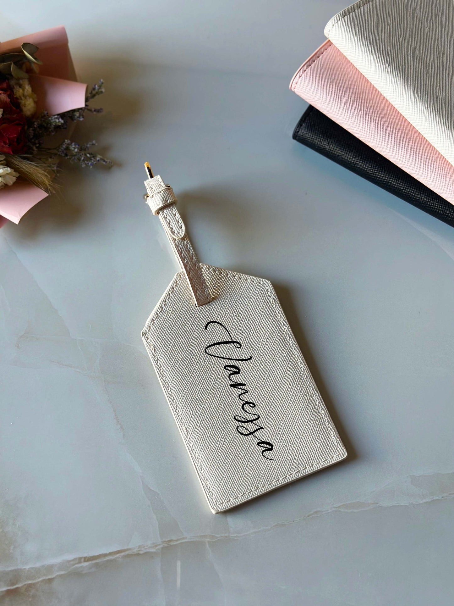 Custom Name Beige Leather Luggage Tag