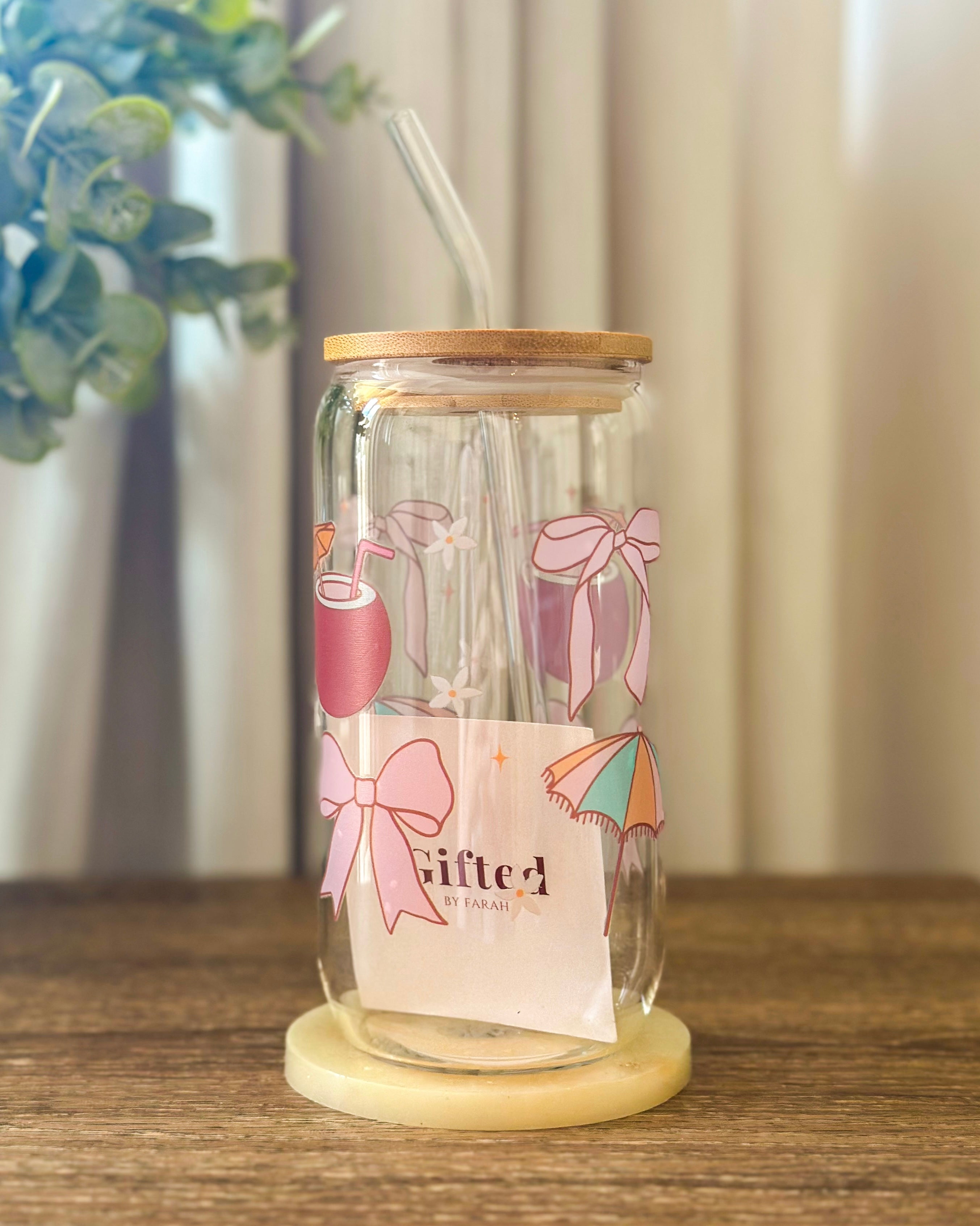 Tropical Summer Glass Cup With Straw