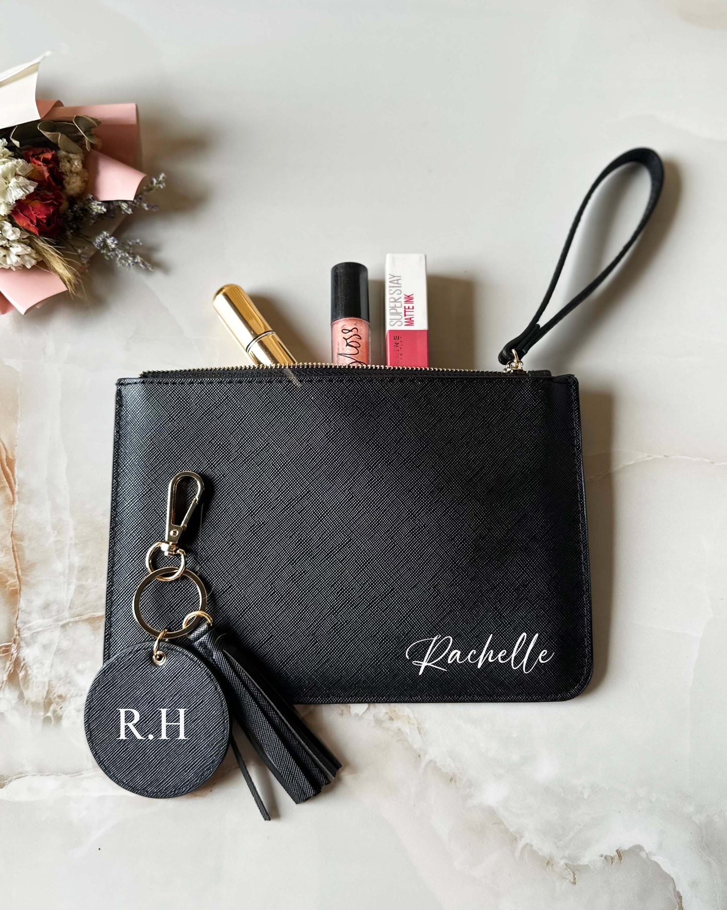 Personalized Black Leather Pouch & Keychain Charm