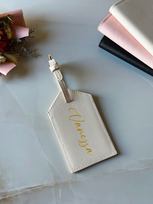 Custom Name Beige Leather Luggage Tag