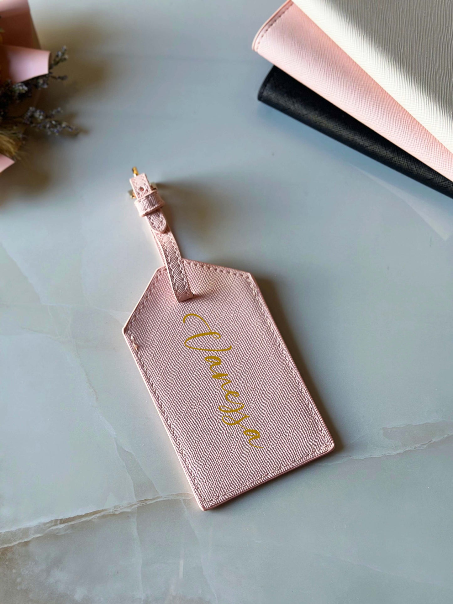 Custom Name Pink Leather Luggage Tag