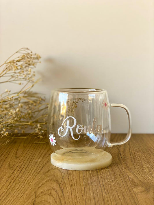 Custom Name & Daisy Double Glass Cup