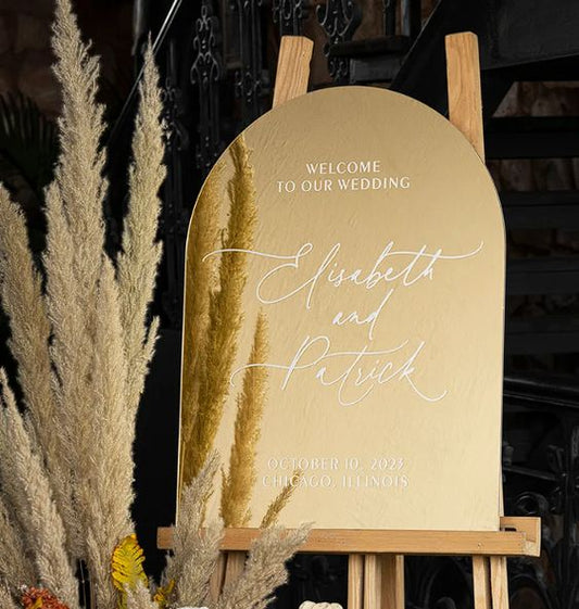 Gold Engraved Arched Wedding Welcome Sign