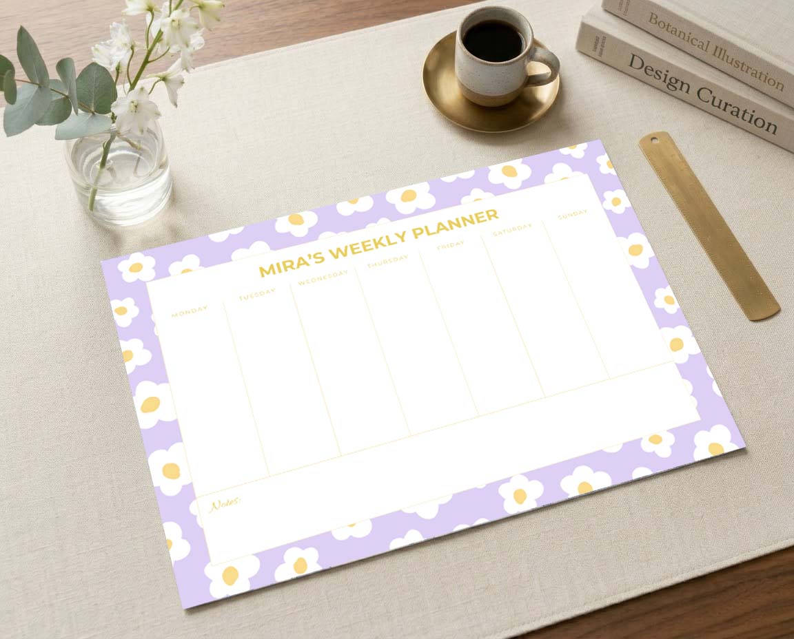 Custom Name Soft Yellow Daisy Weekly Desk Planner