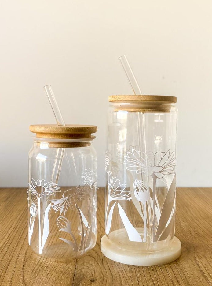 Floral Glass Cup With Straw