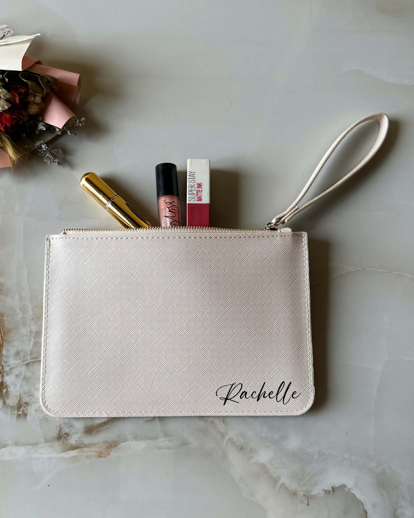 Custom Name Beige Leather Pouch