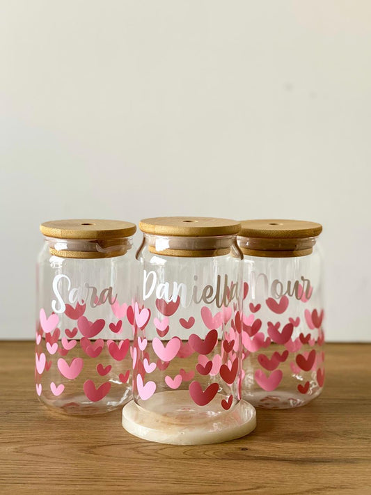 Custom Name &  Hearts Glass Cup With Straw