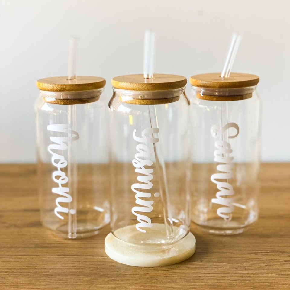 Custom Name Glass Cup With Straw