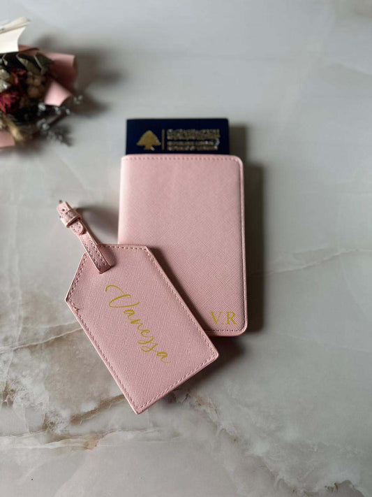 Personalized Pink Leather Passport Holder & Luggage Tag