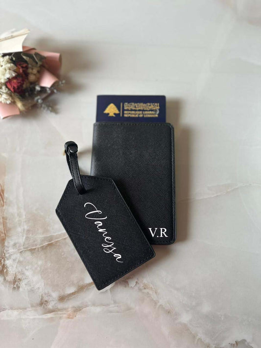 Personalized Black Leather Passport Holder & Luggage Tag