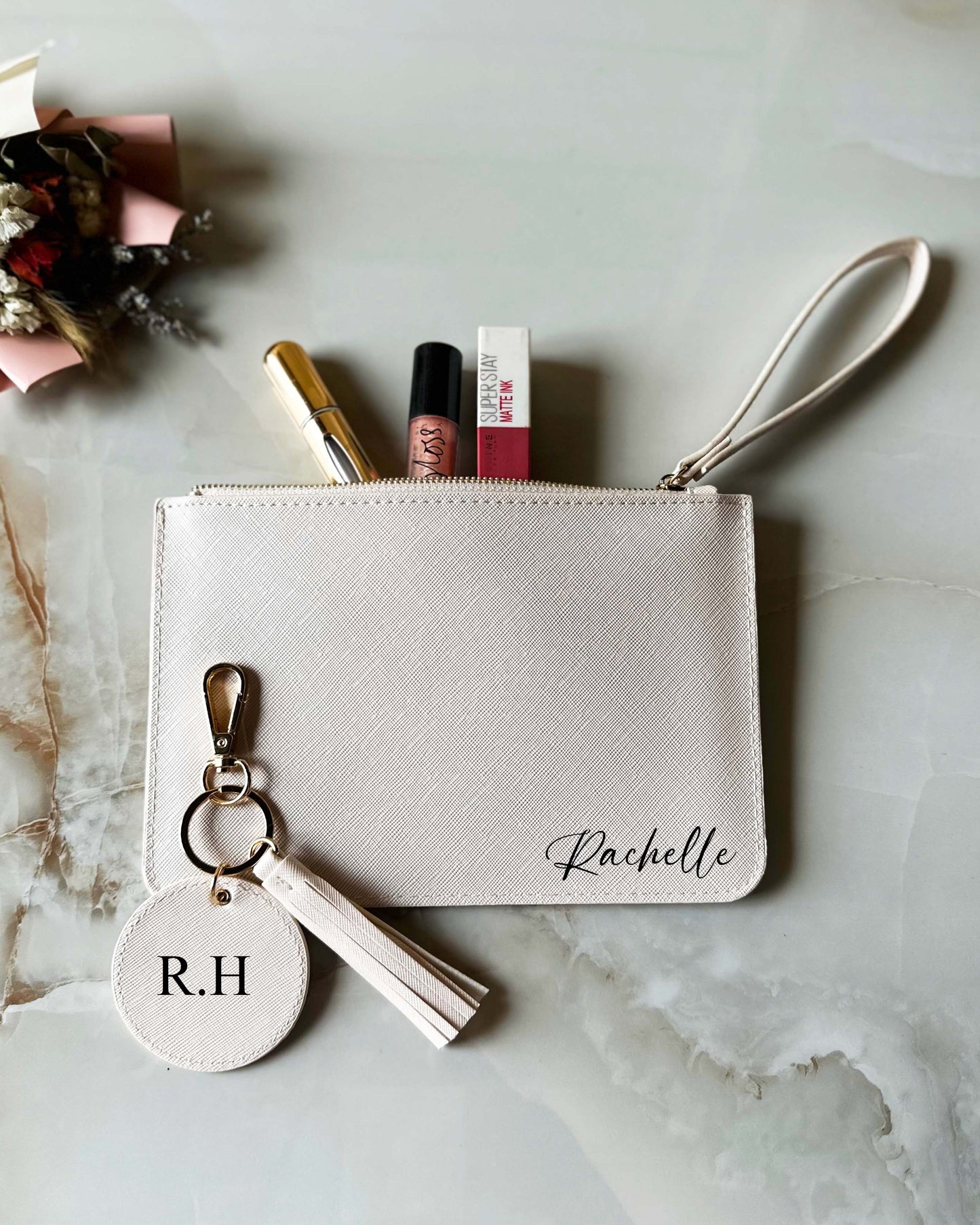 Personalized Beige Leather Pouch & Keychain Charm