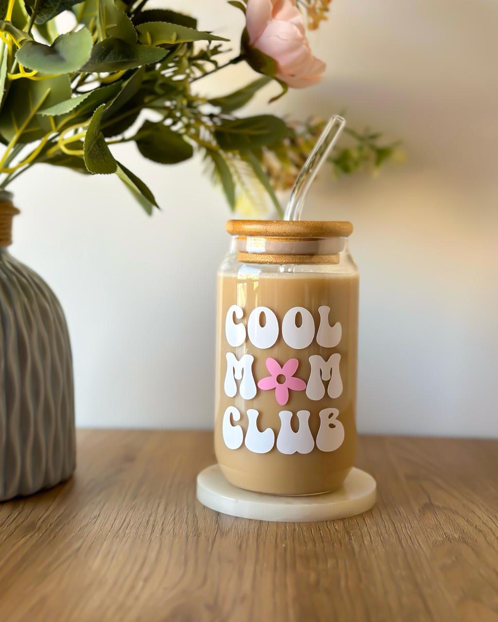 "Cool Mom Club" Glass Cup With Straw