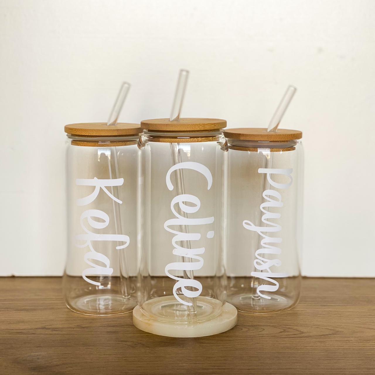 Custom Name Glass Cup With Straw