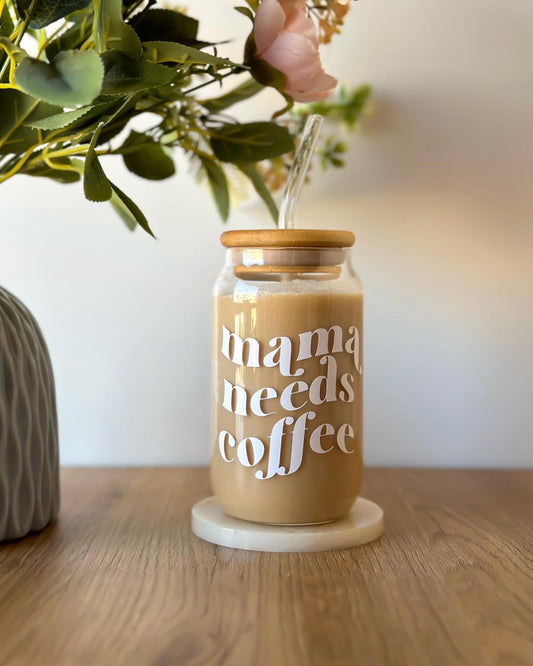 "Mama Needs Coffee" Glass Cup With Straw