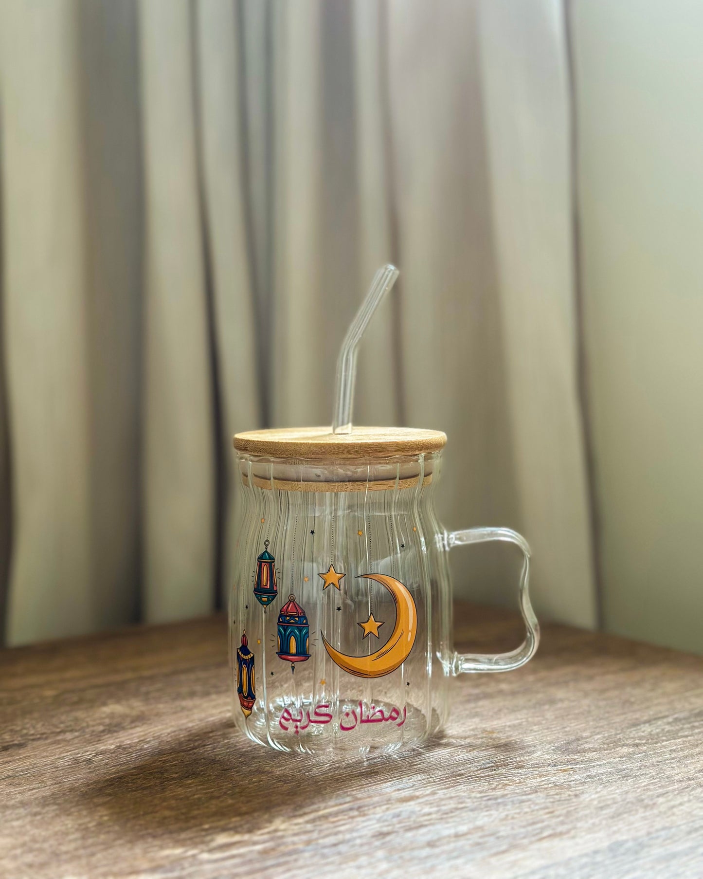 Ramadan Glass Cup With Straw & Handle