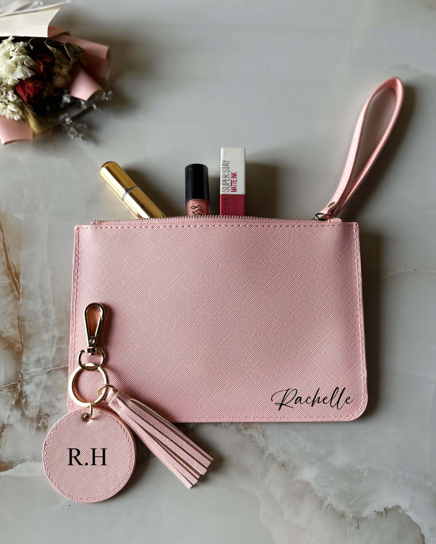 Personalized Pink Leather Pouch & Keychain Charm