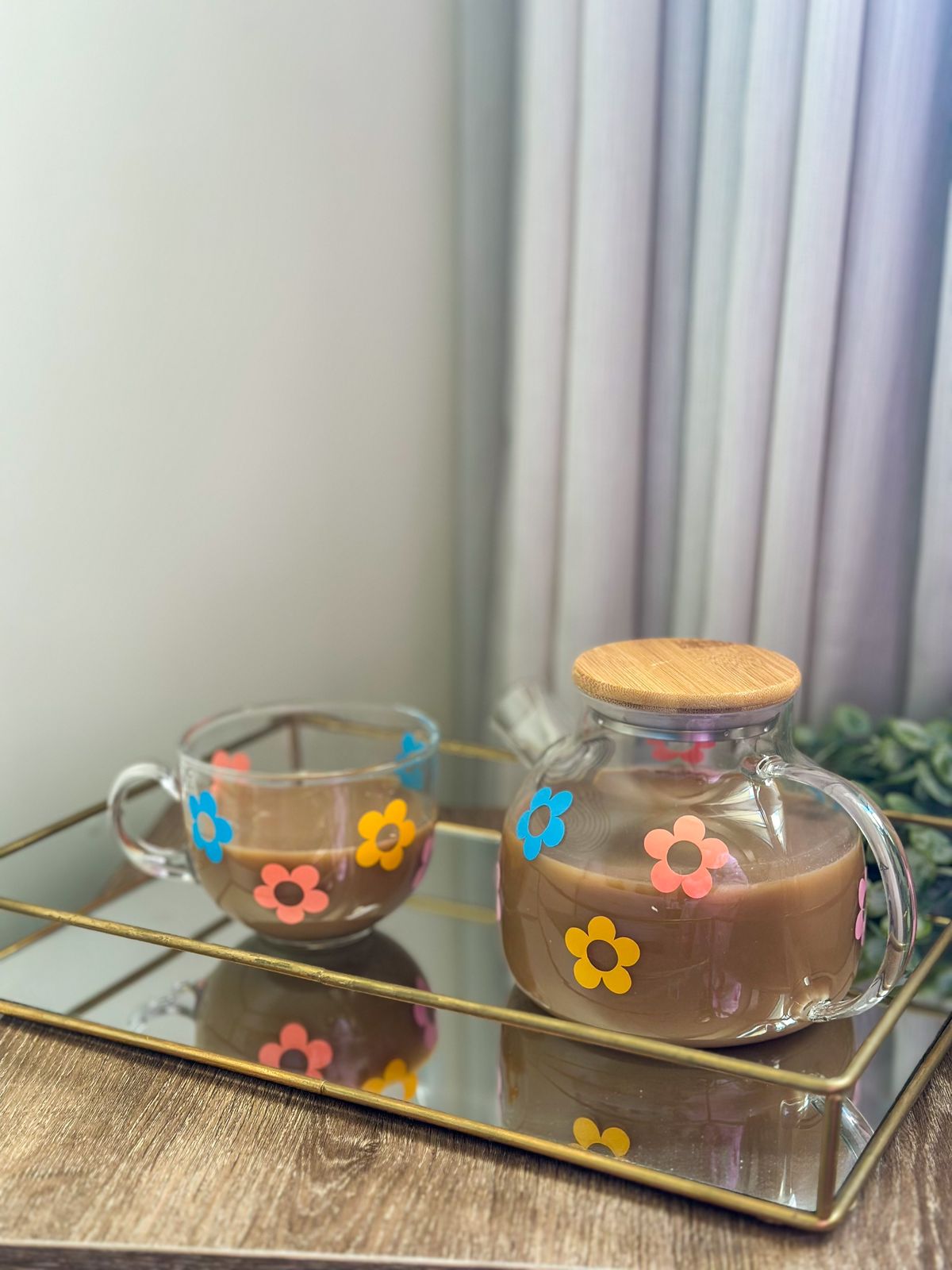 "Colorful Flowers" Premium Glass Tea Pot & Glass Cup Set