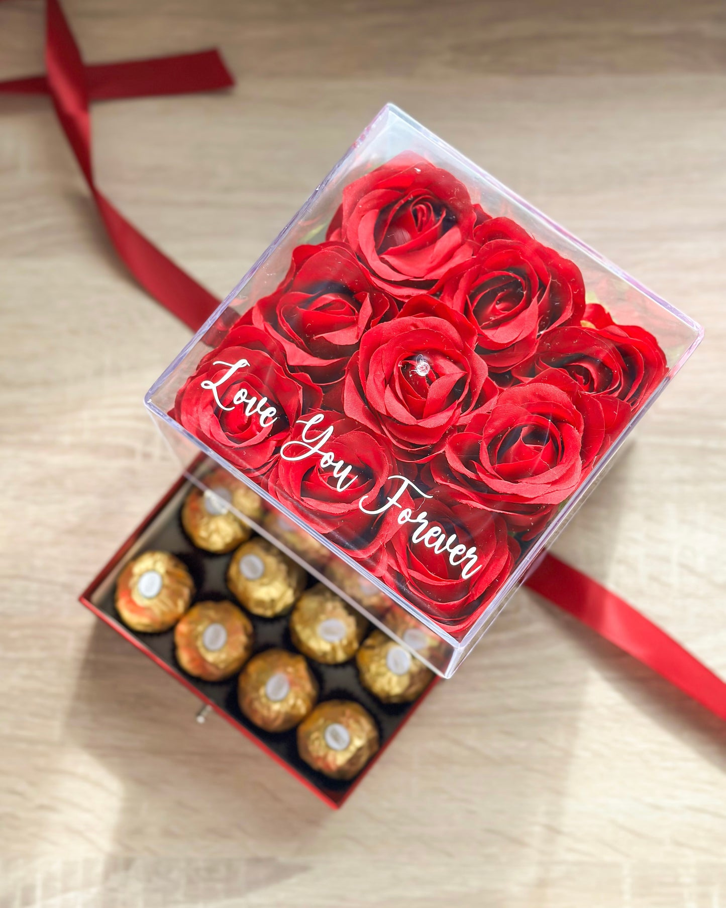Chocolate & Artificial Roses Drawer Plexi Box