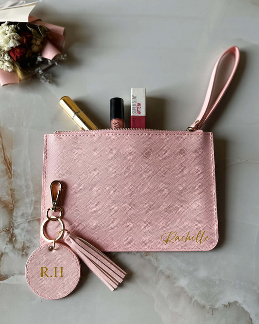 Personalized Pink Leather Pouch & Keychain Charm