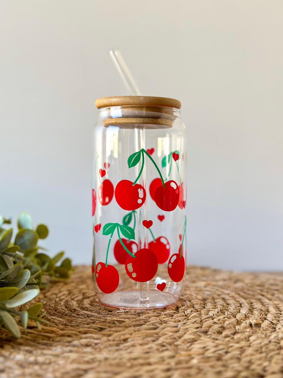 Cherry Glass Cup With Straw