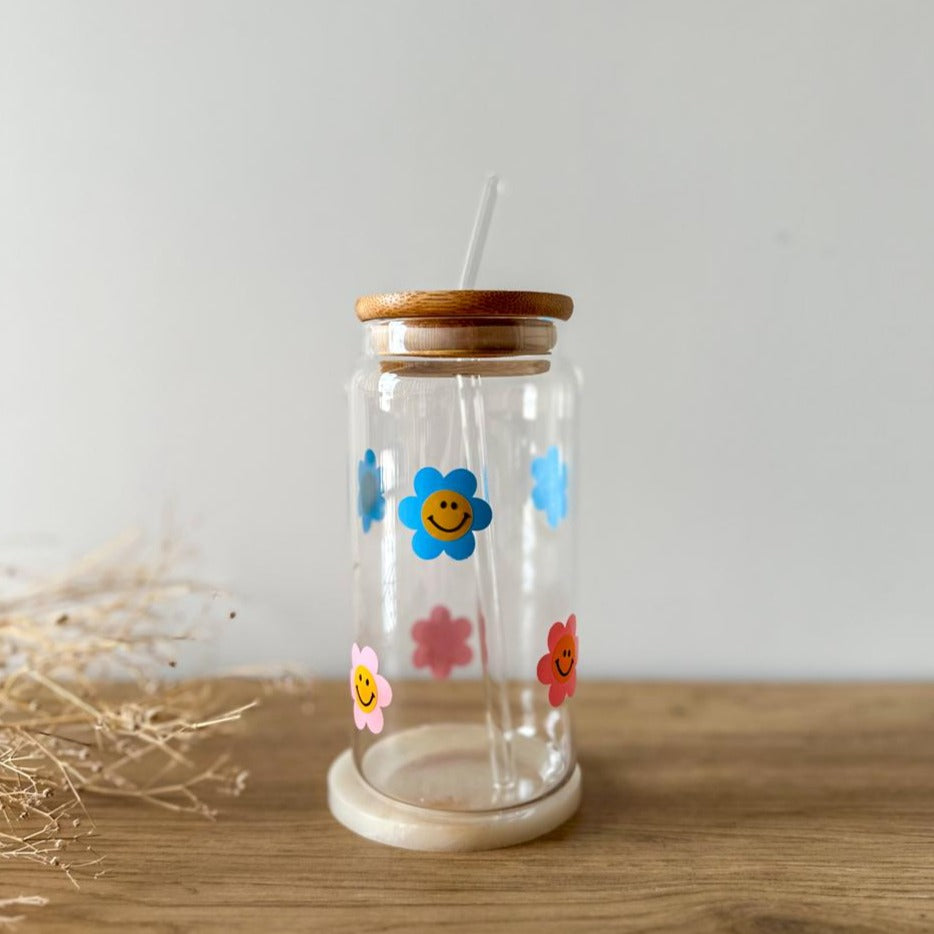 Smile Face Floral Glass Cup With Straw