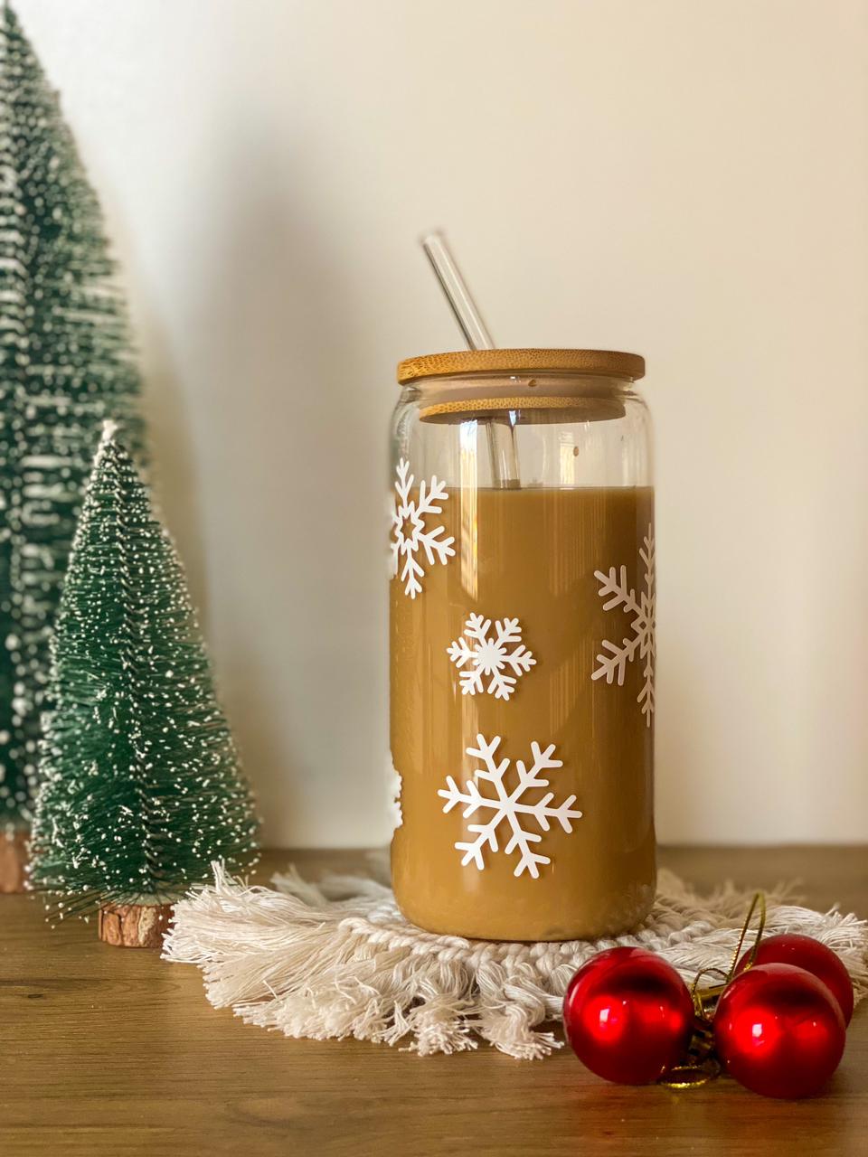 Snowflakes Glass Cup With Straw