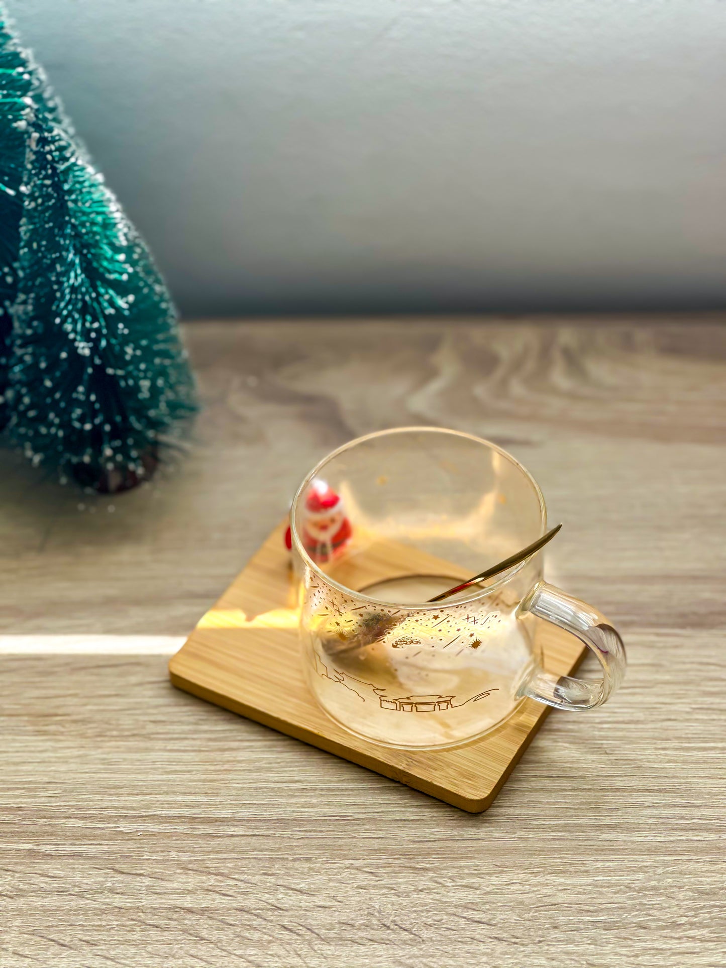 Christmas Glass Cup With Wood Coaster & Gold Spoon