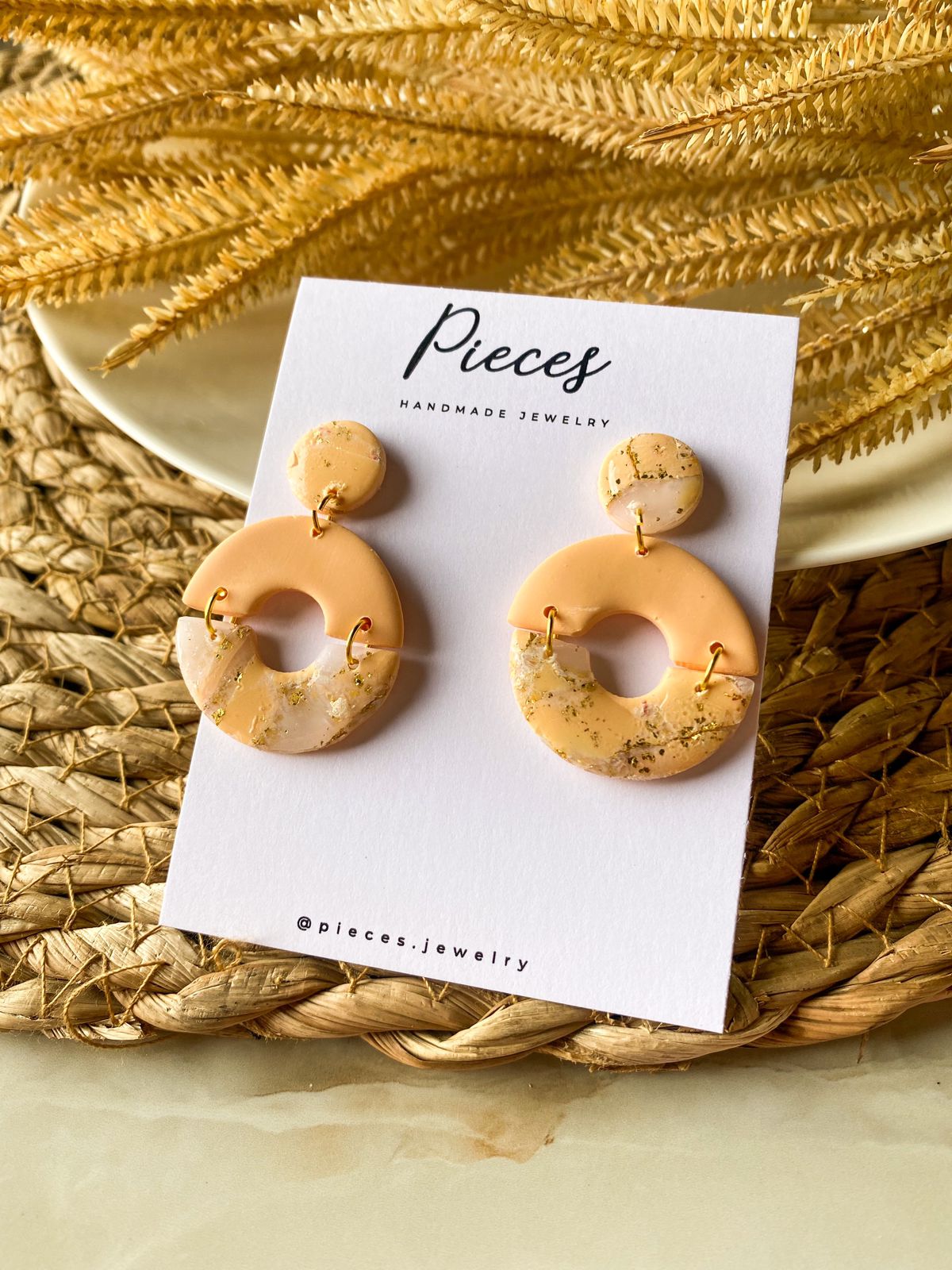 Beige Circle Handmade Fan Polymer Earrings