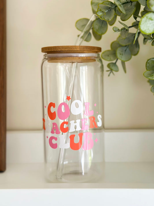"Cool Teacher Club" Glass Cup With Straw