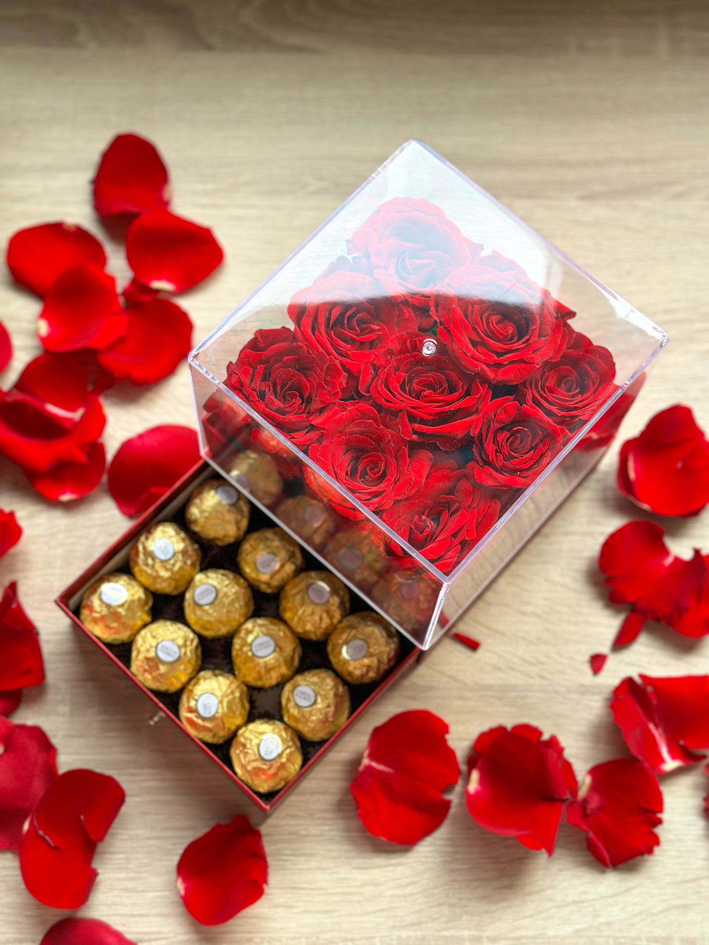 Chocolate & Artificial Roses Drawer Plexi Box