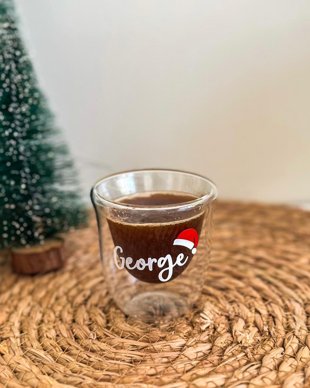 Custom Name & Santa Hat Espresso SMALL Double Glass Cup