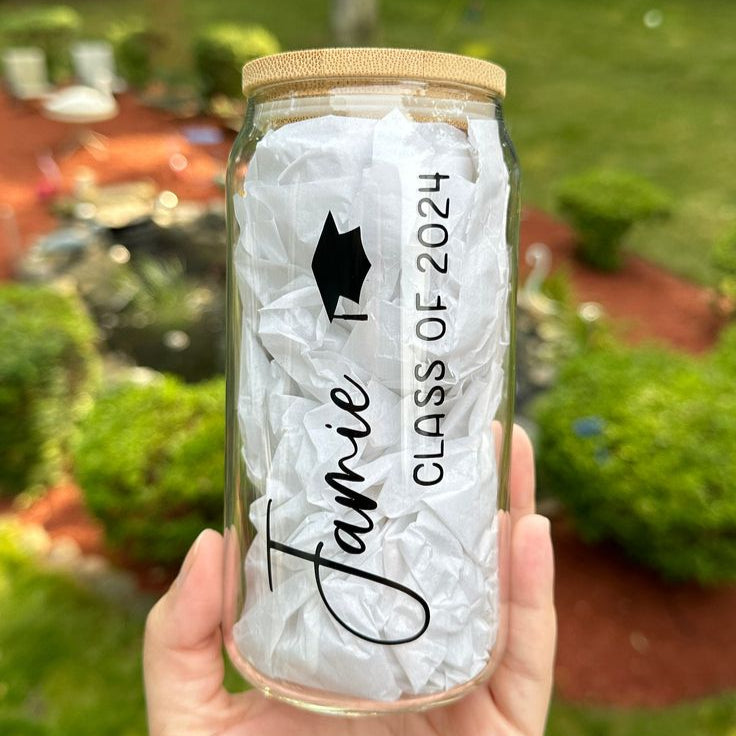 Custom Name GRAD Glass Cup With Straw
