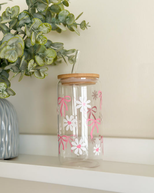 Bows & Florals Glass Cup With Straw