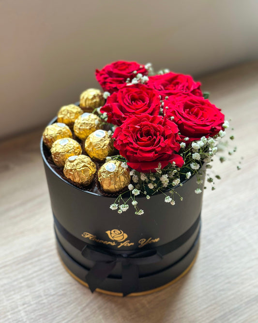 Chocolate & Artificial Roses Round Gift Box