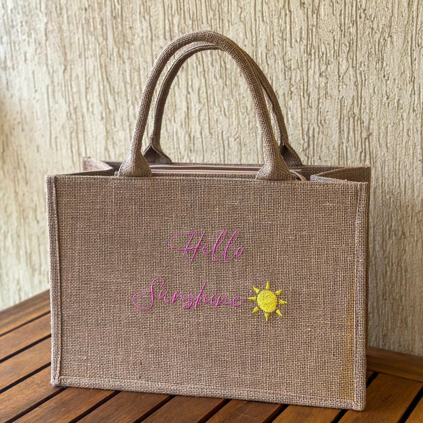 "Hello Sunshine" Embroidered Straw Beach Bag