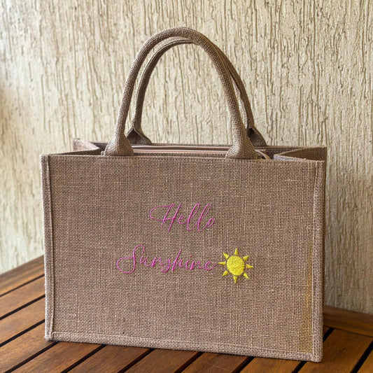 "Hello Sunshine" Embroidered Straw Beach Bag
