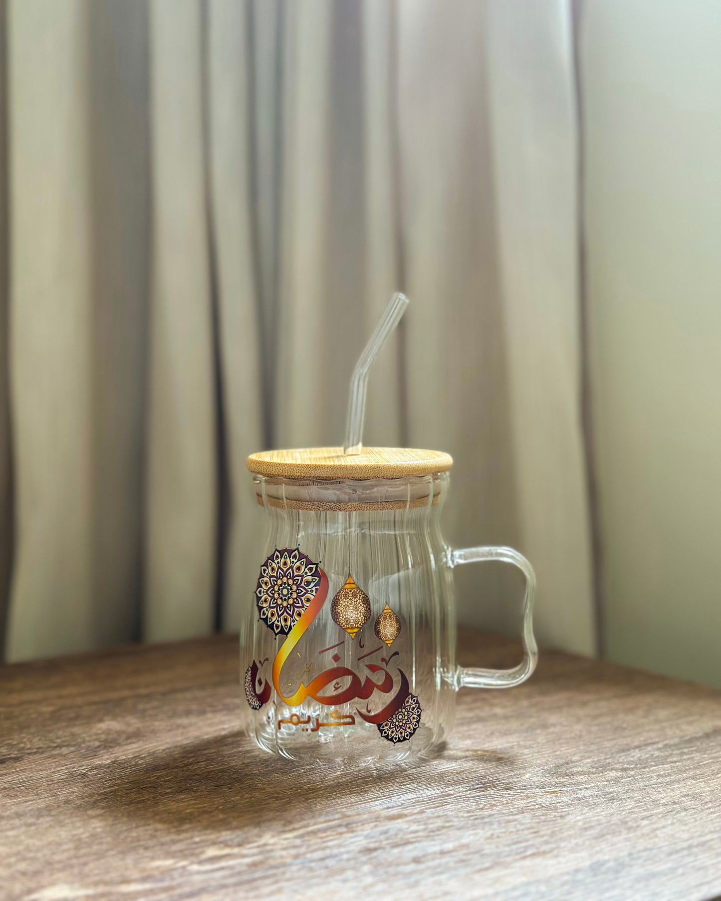 Ramadan Glass Cup With Straw & Handle
