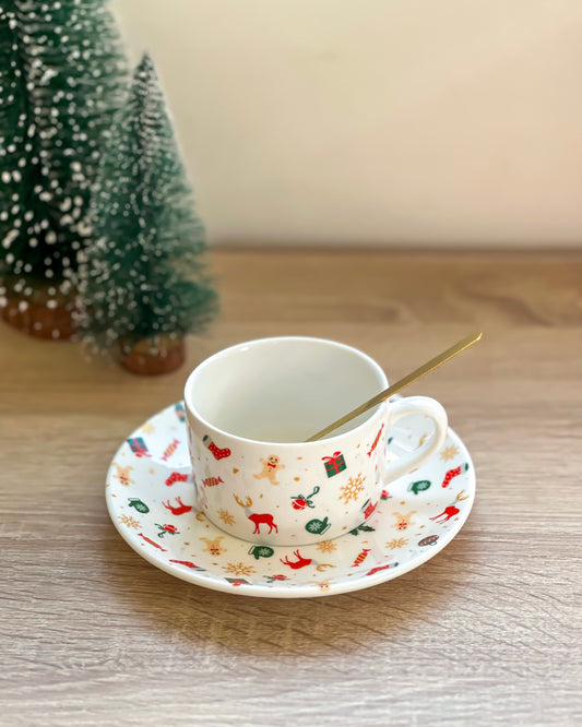 Christmas Tea Cup With Saucer & Gold Spoon